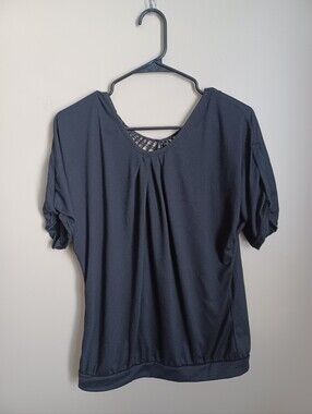 Women's Size Large Black Short Sleeve Back Design Cotton Polyester Shirt Top
